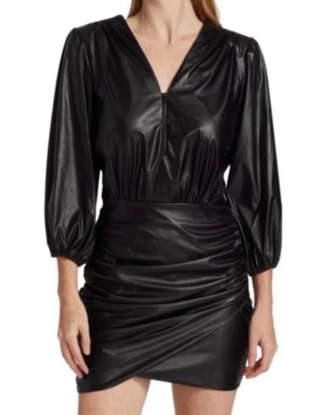 Ramy Brook Ines Black Faux Leather Ruched Mini Dress size 4